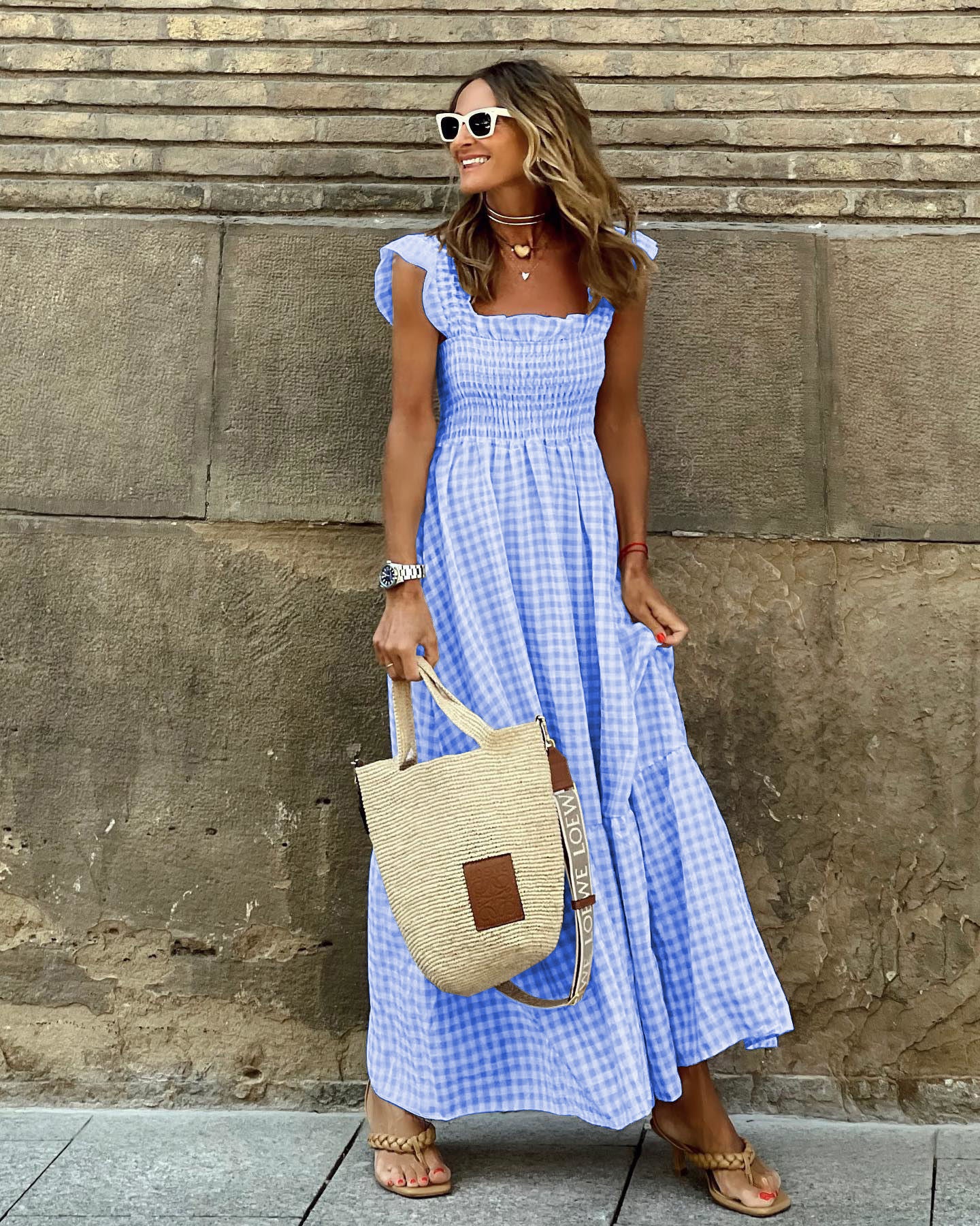 Robe d'été plissée à imprimé vichy – Style A-line sans manches pour plage