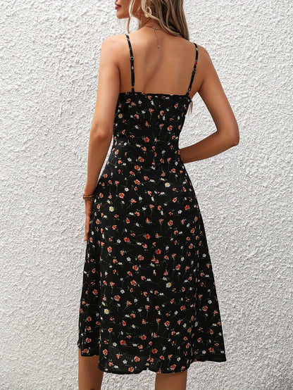 Robe longue sexy à bretelles imprimée pois - fendue pour l'été
