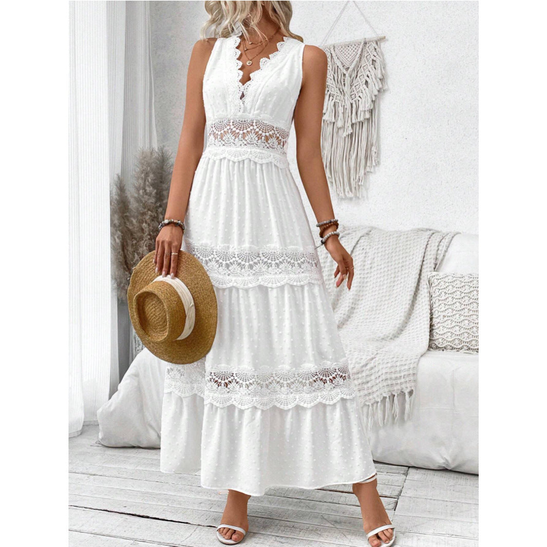 Robe femme en dentelle sans manches avec encolure en V