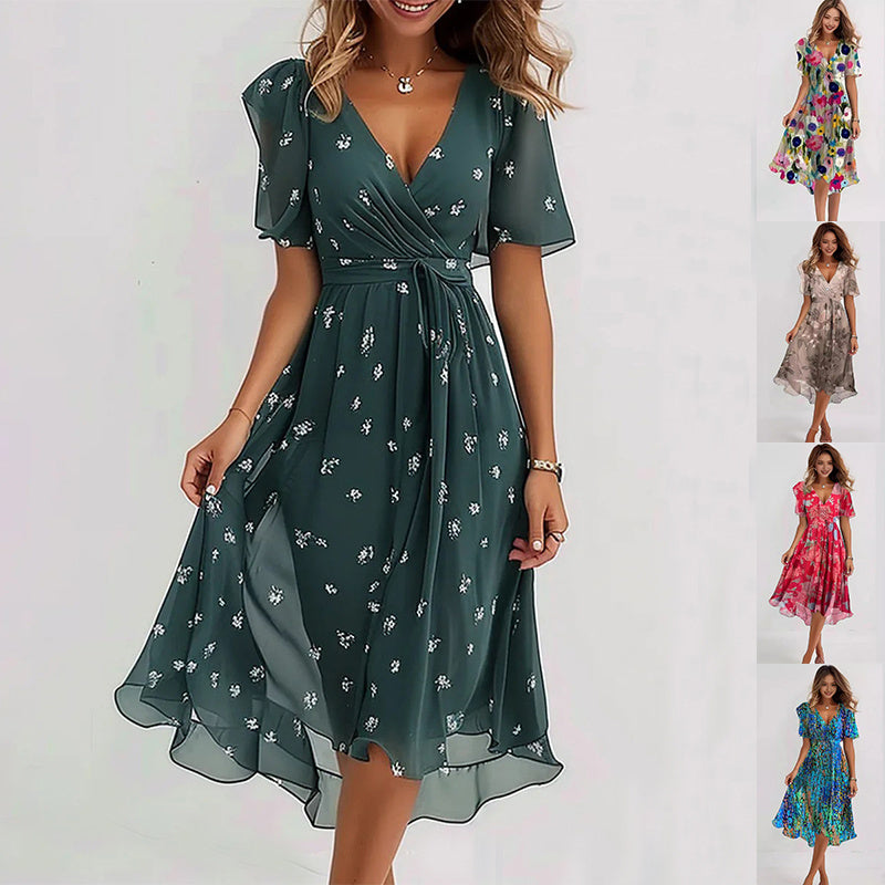 Robe d'été en mousseline imprimée – Encolure V & manches courtes