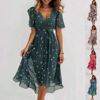 Robe d'été en mousseline imprimée – Encolure V & manches courtes