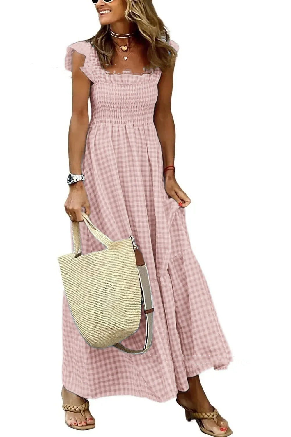 Robe d'été plissée à imprimé vichy – Style A-line sans manches pour plage