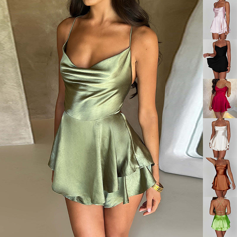 Robe courte sexy à bretelles en satin - Dos nu avec laçage, coupe A élégante pour femme