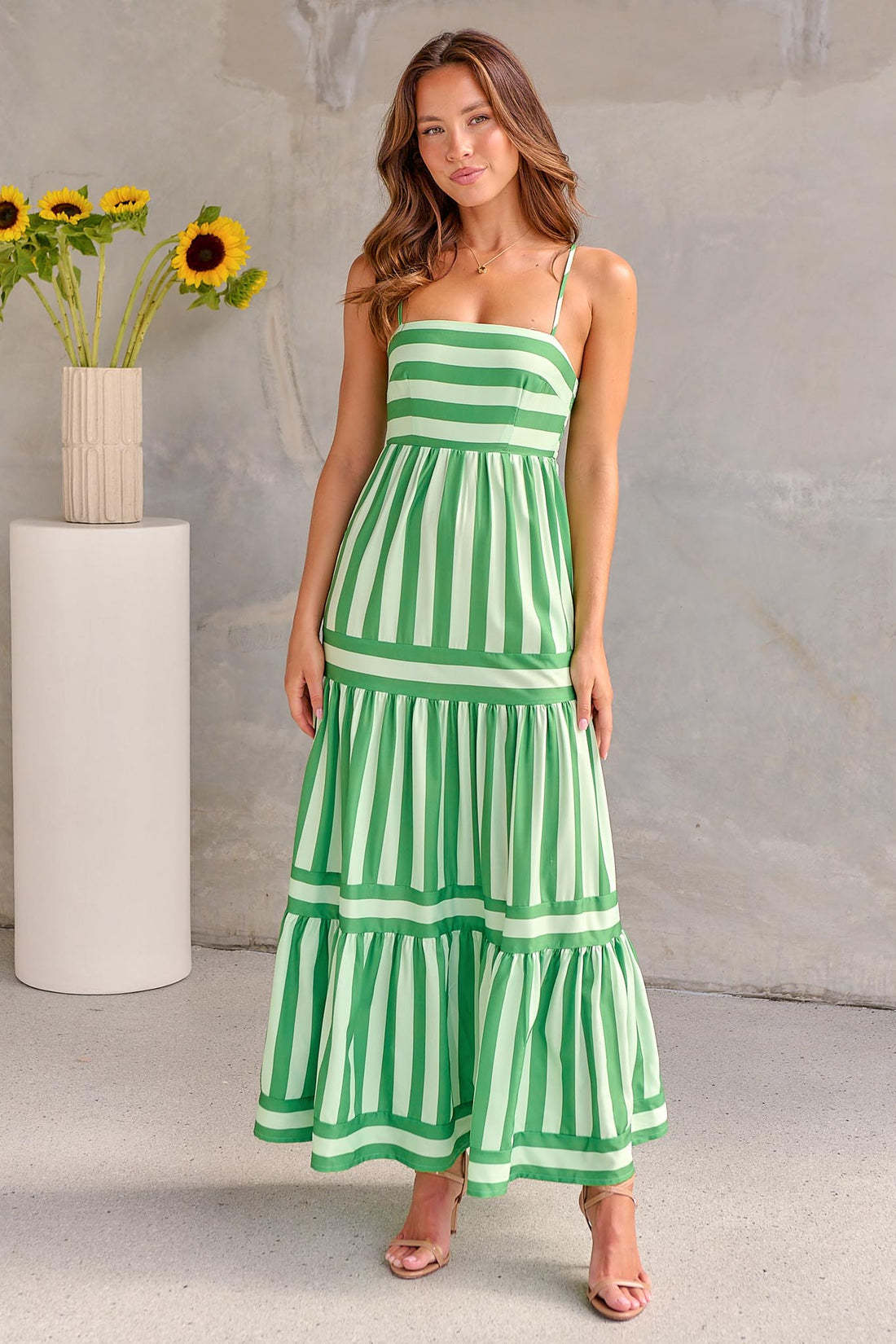 Robe longue à bretelles imprimée rayures - Encolure carrée et dos nu avec poches