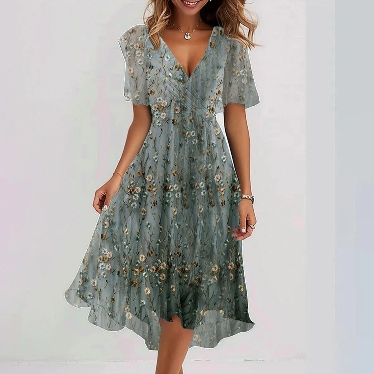 Robe d'été en mousseline imprimée – Encolure V & manches courtes