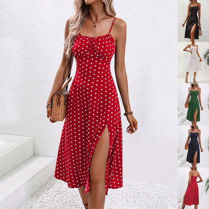 Robe longue sexy à bretelles imprimée pois - fendue pour l'été