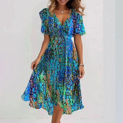 Robe d'été en mousseline imprimée – Encolure V & manches courtes