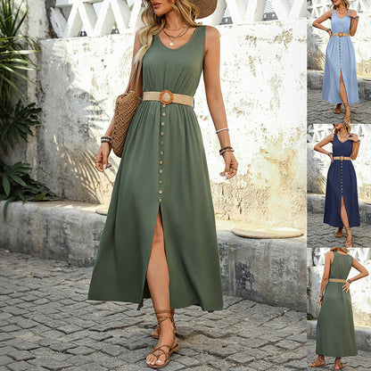 Robe d'été sans manches - Encolure ronde avec fente et boutons