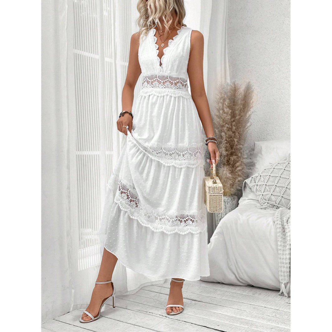 Robe femme en dentelle sans manches avec encolure en V