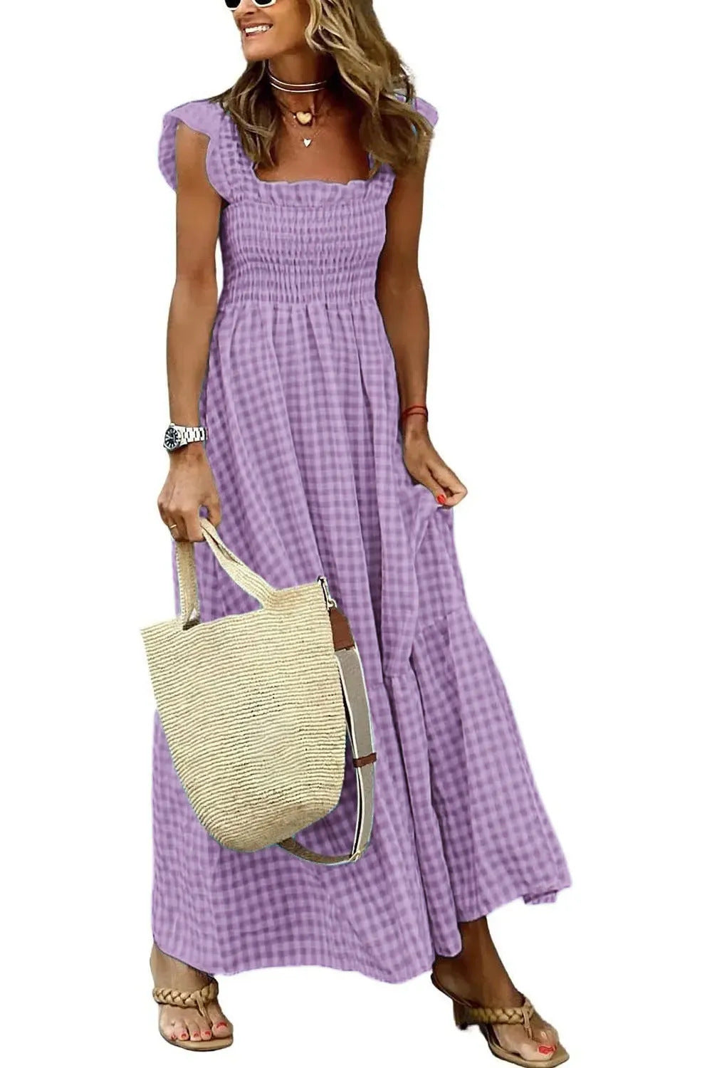 Robe d'été plissée à imprimé vichy – Style A-line sans manches pour plage