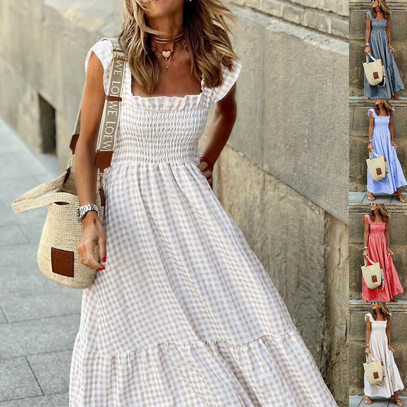 Robe d'été plissée à imprimé vichy – Style A-line sans manches pour plage
