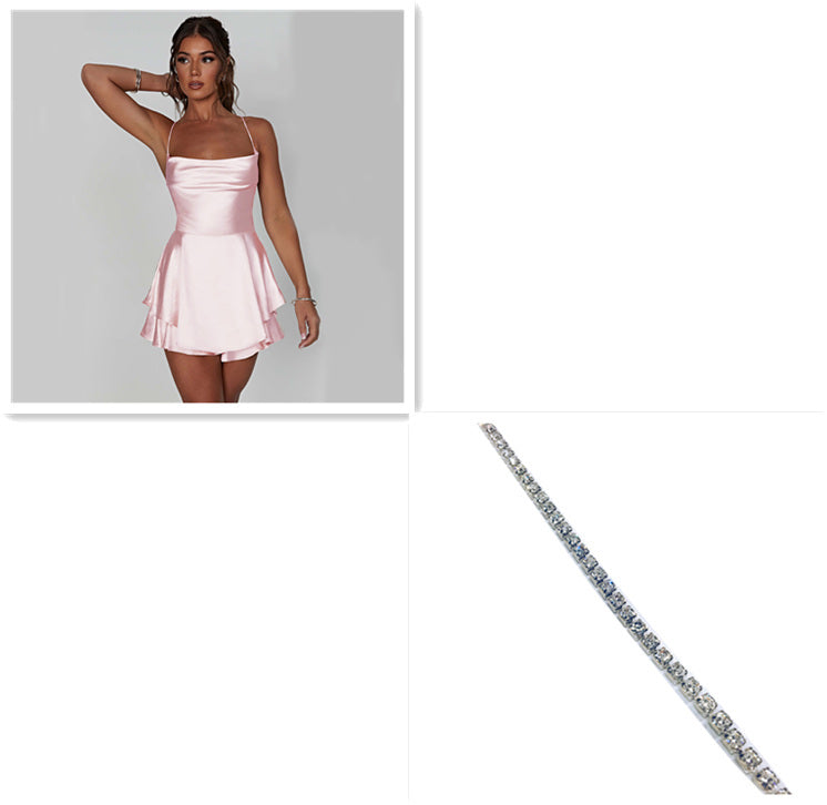Robe courte sexy à bretelles en satin - Dos nu avec laçage, coupe A élégante pour femme