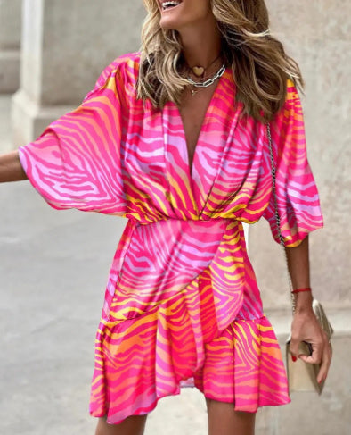 Robe Femme Encolure V Manches Ourlet Irrégulier