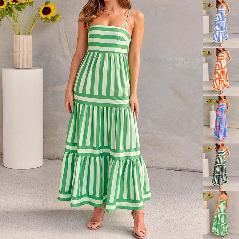 Robe longue à bretelles imprimée rayures - Encolure carrée et dos nu avec poches