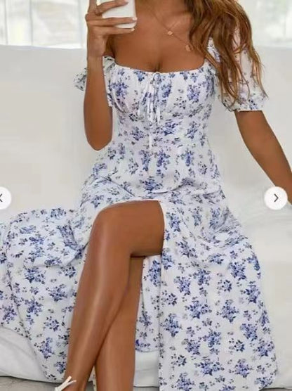 Robe d'été fleurie à lacets et fente - Élégance plage