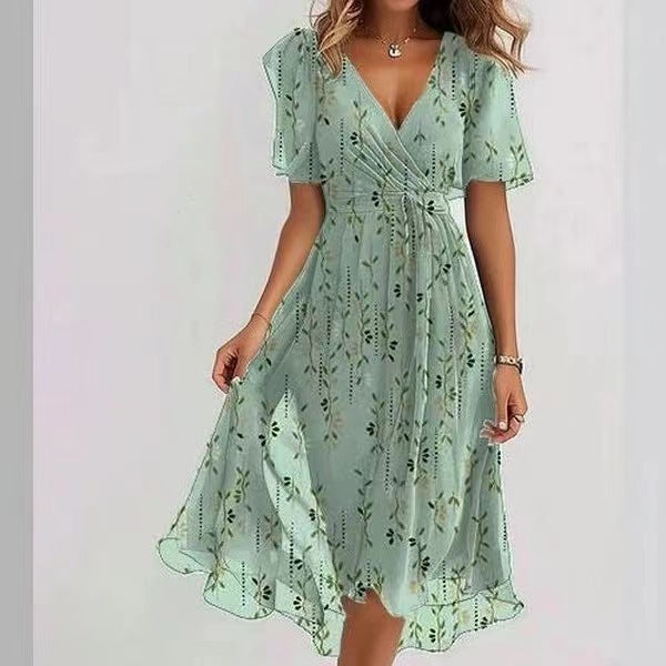Robe d'été en mousseline imprimée – Encolure V & manches courtes