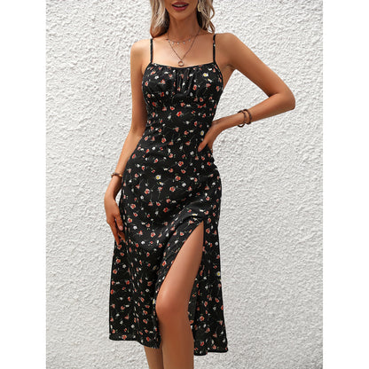 Robe longue sexy à bretelles imprimée pois - fendue pour l'été