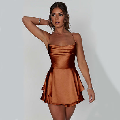 Robe sexy en satin – Bretelles et dos nu laçage, coupe A