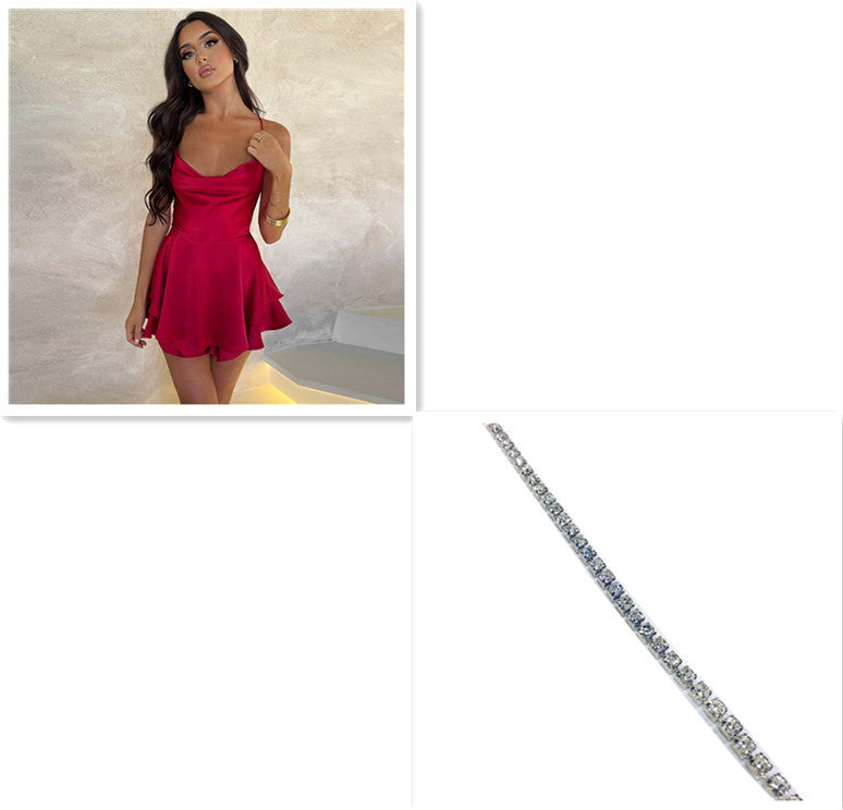 Robe courte sexy à bretelles en satin - Dos nu avec laçage, coupe A élégante pour femme