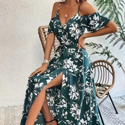 Robe longue d'été à imprimé floral - Bretelles et détail lacé