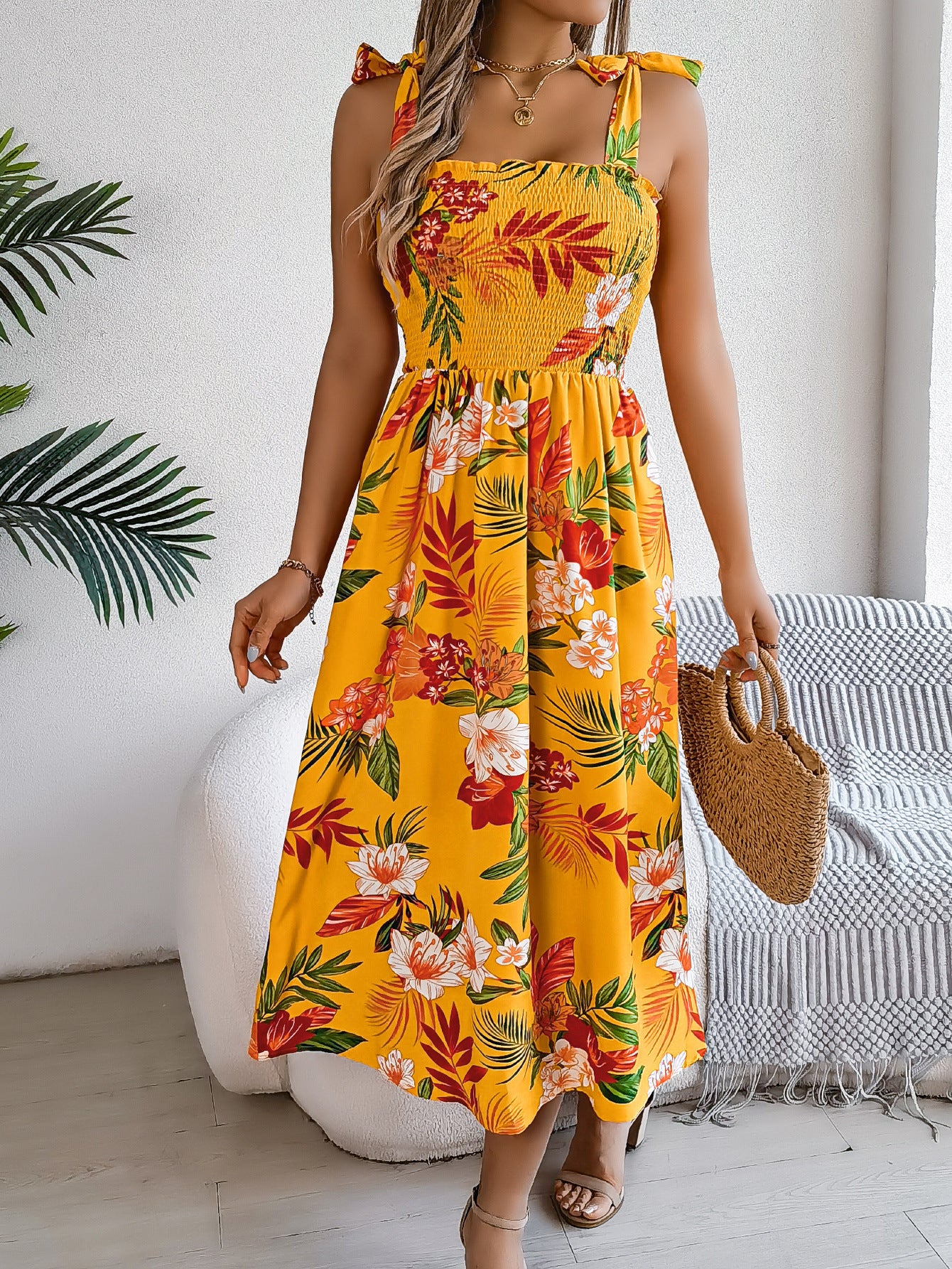 Robe longue à bretelles avec corset - Imprimé floral