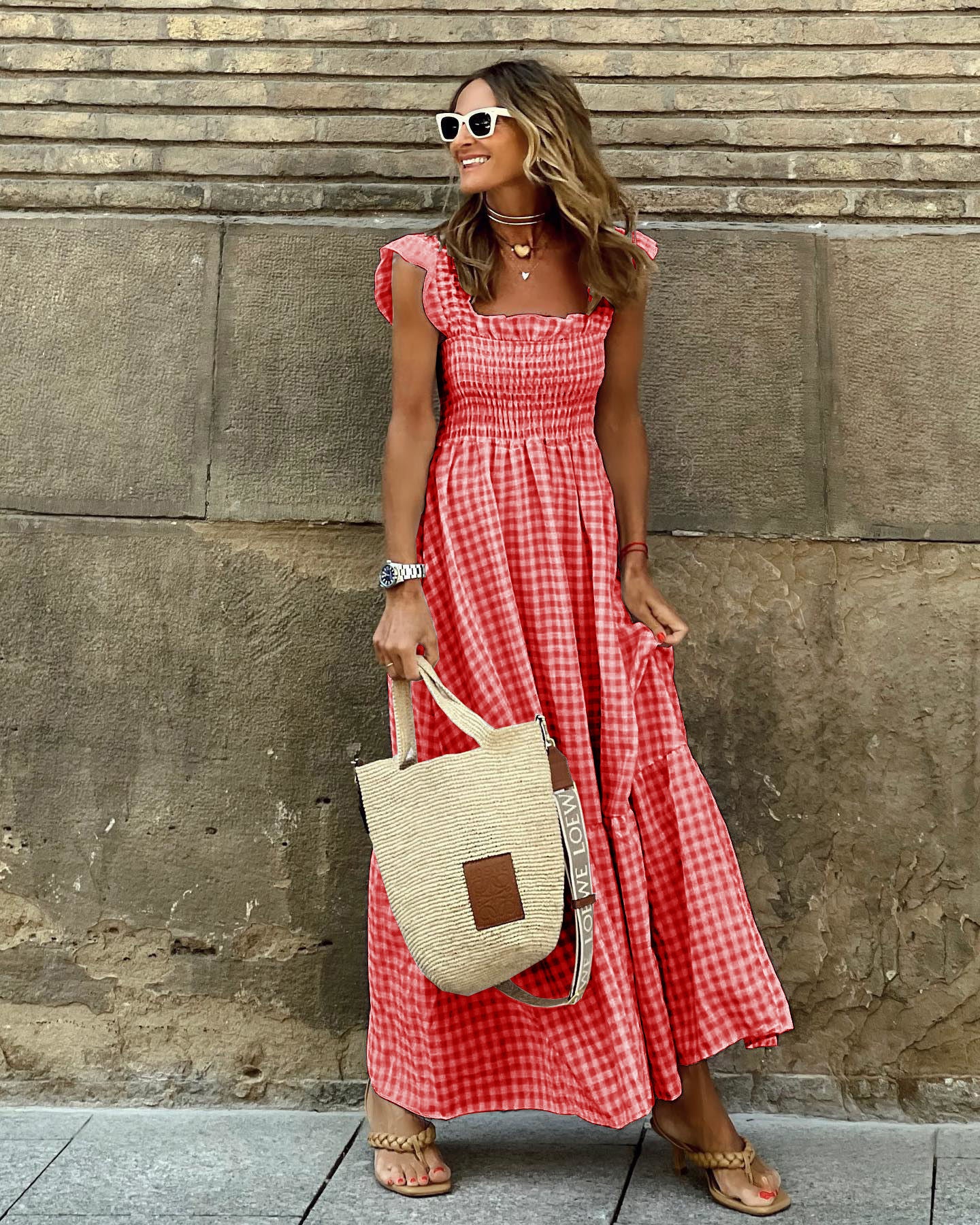 Robe d'été plissée à imprimé vichy – Style A-line sans manches pour plage