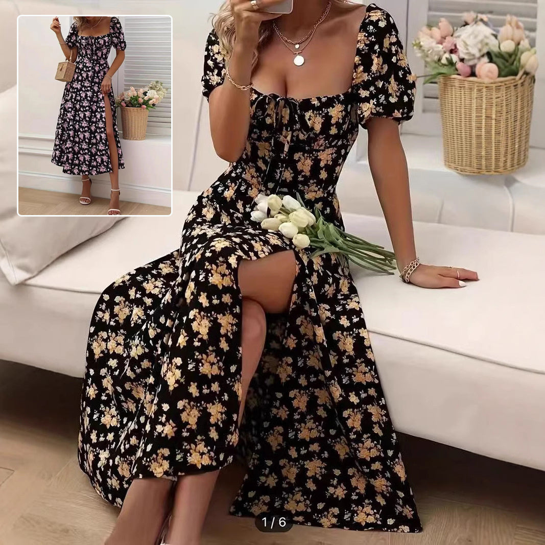 Robe d'été fleurie à lacets et fente - Élégance plage