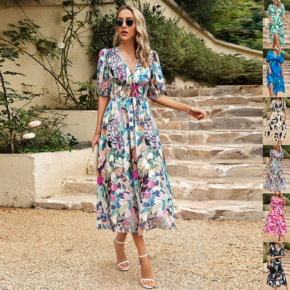 Robe plage longue slim – Imprimé été, encolure V & manches courtes