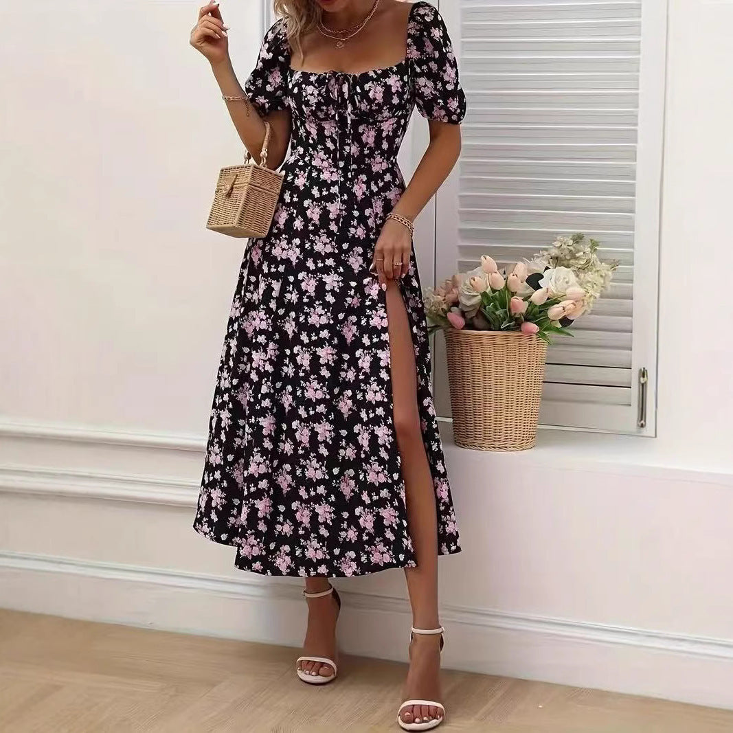 Robe d'été fleurie à lacets et fente - Élégance plage