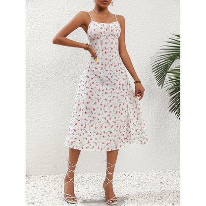 Robe longue sexy à bretelles imprimée pois - fendue pour l'été