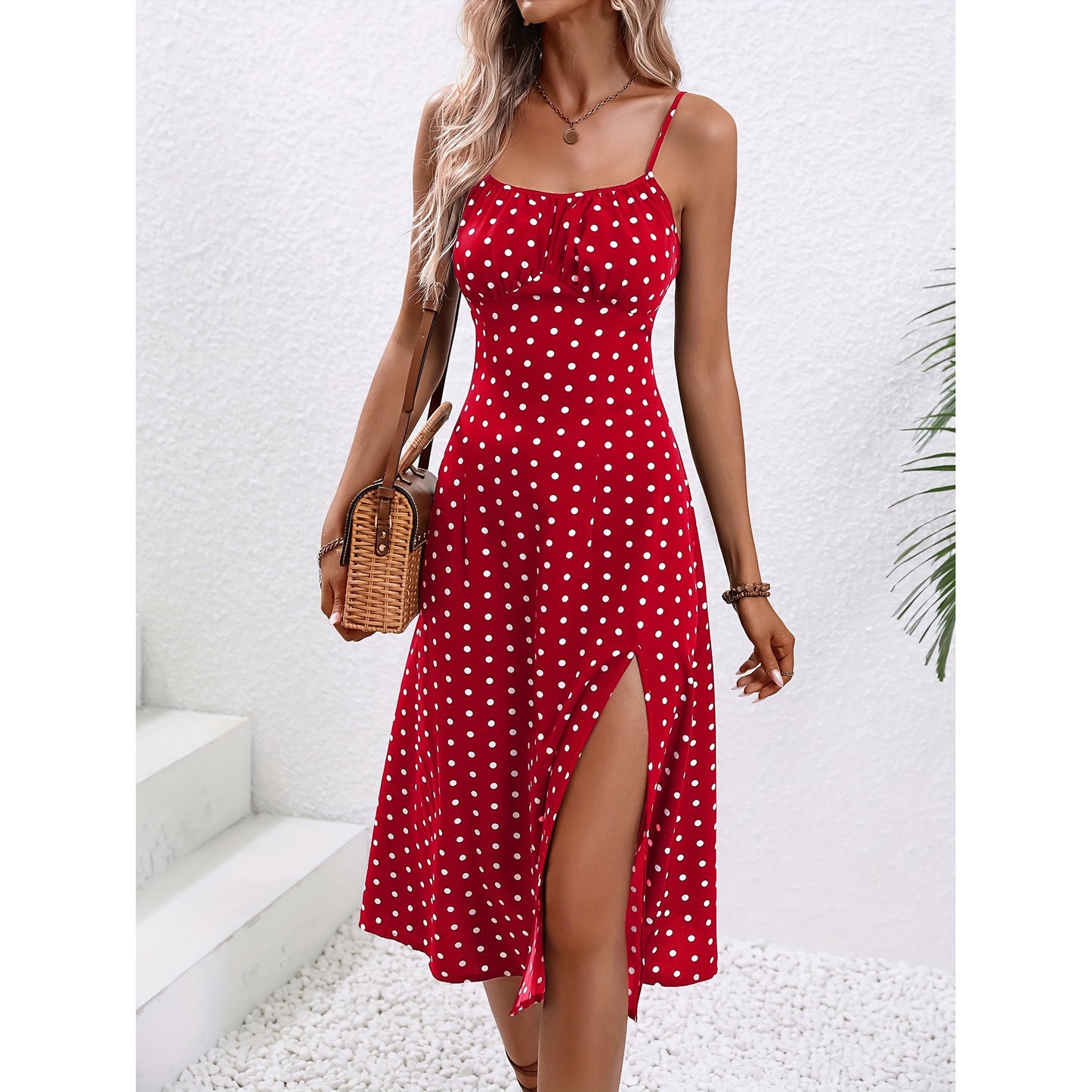Robe longue sexy à bretelles imprimée pois - fendue pour l'été