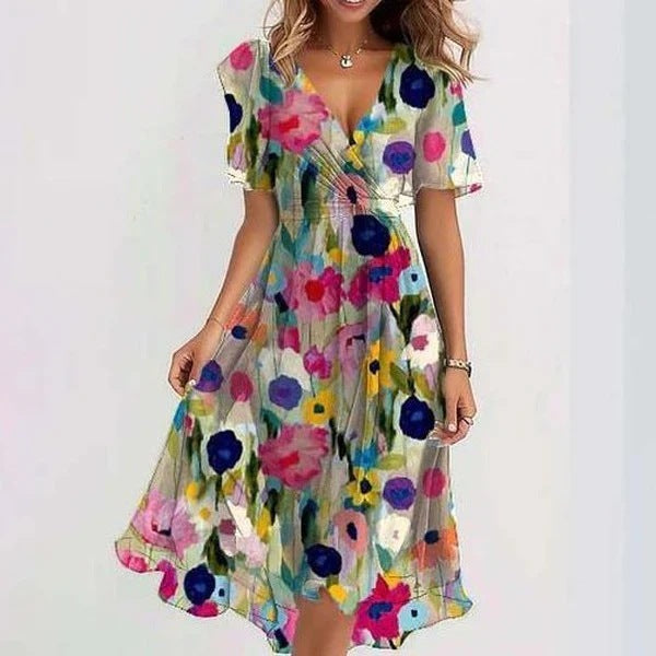 Robe d'été en mousseline imprimée – Encolure V & manches courtes