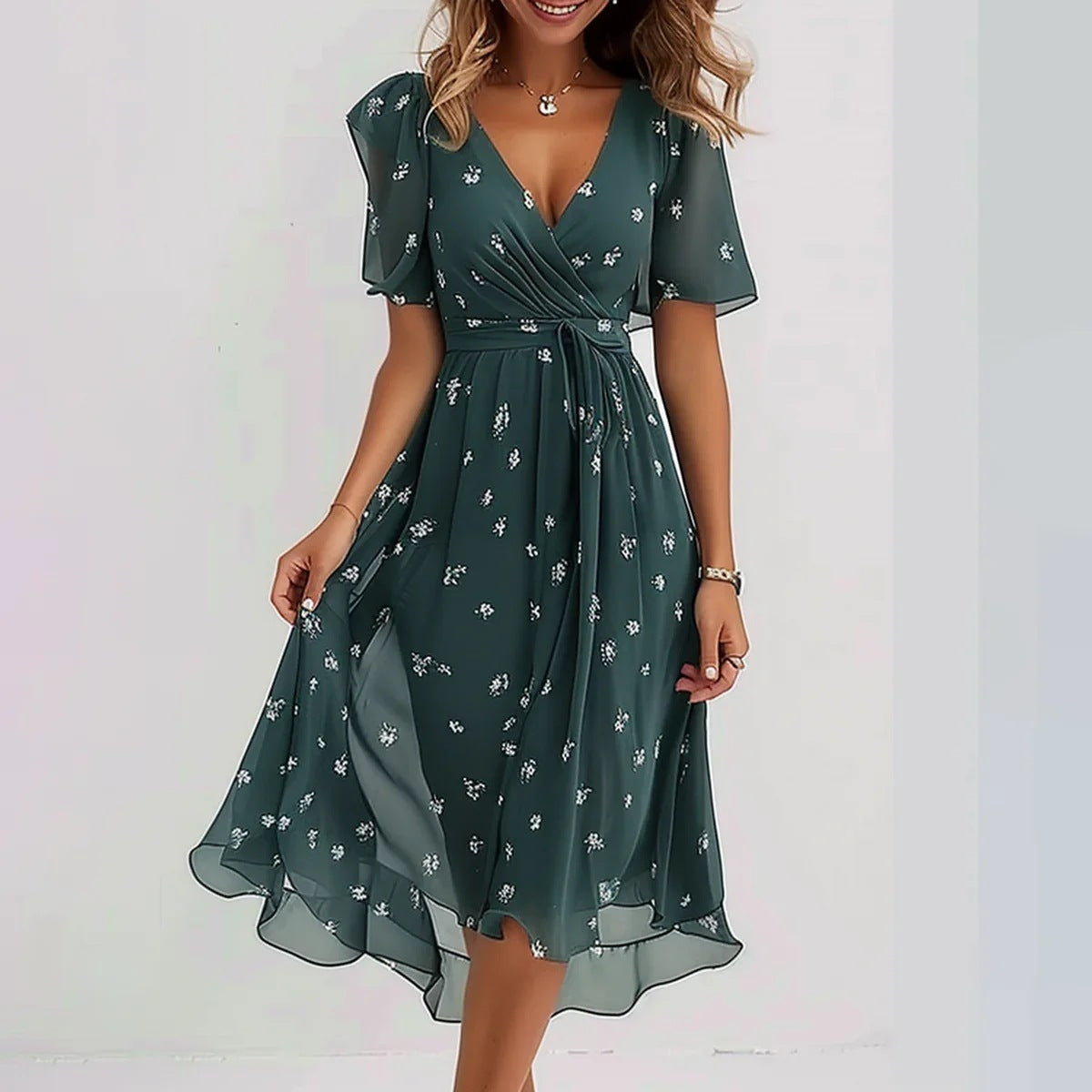 Robe d'été en mousseline imprimée – Encolure V & manches courtes