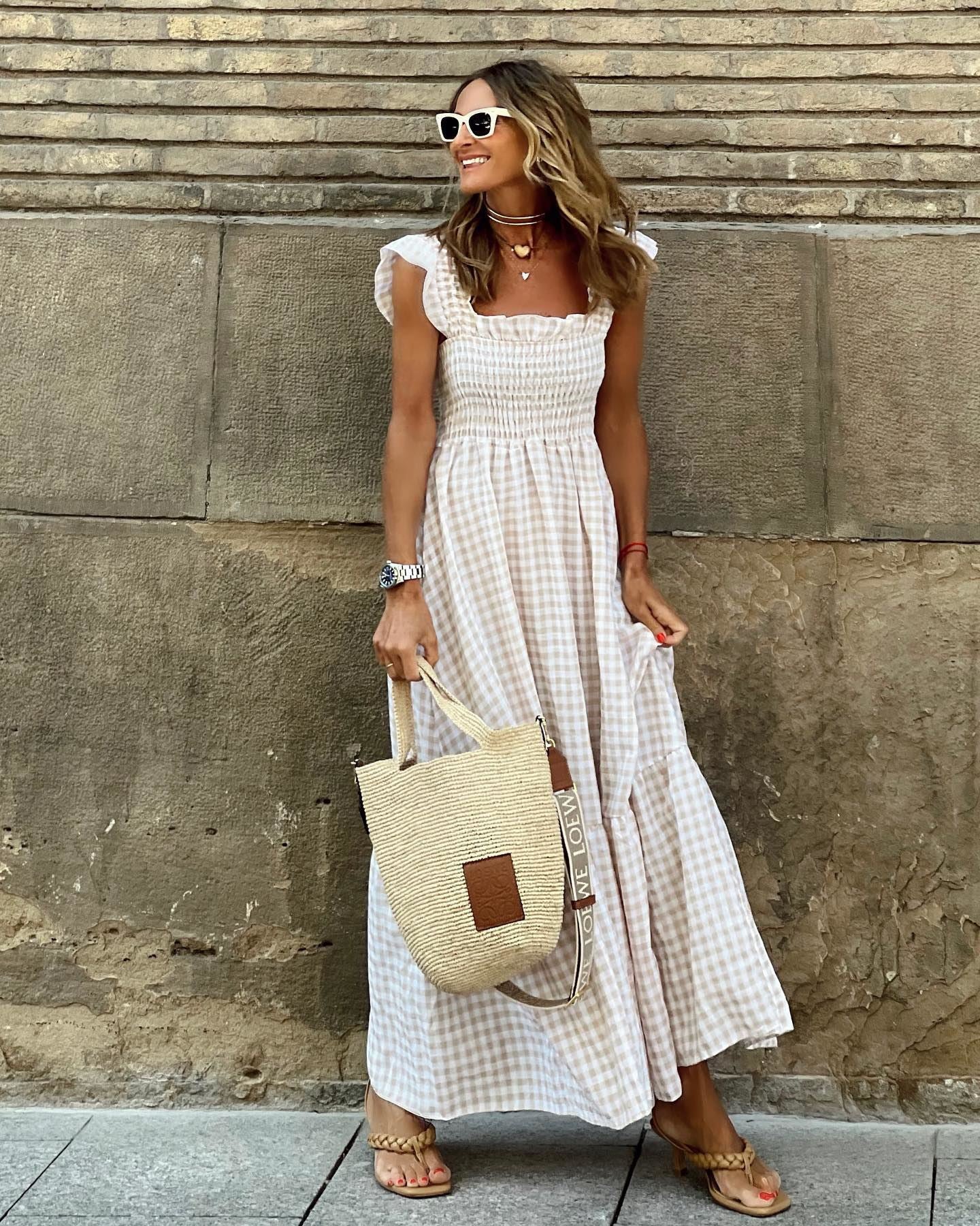 Robe d'été plissée à imprimé vichy – Style A-line sans manches pour plage
