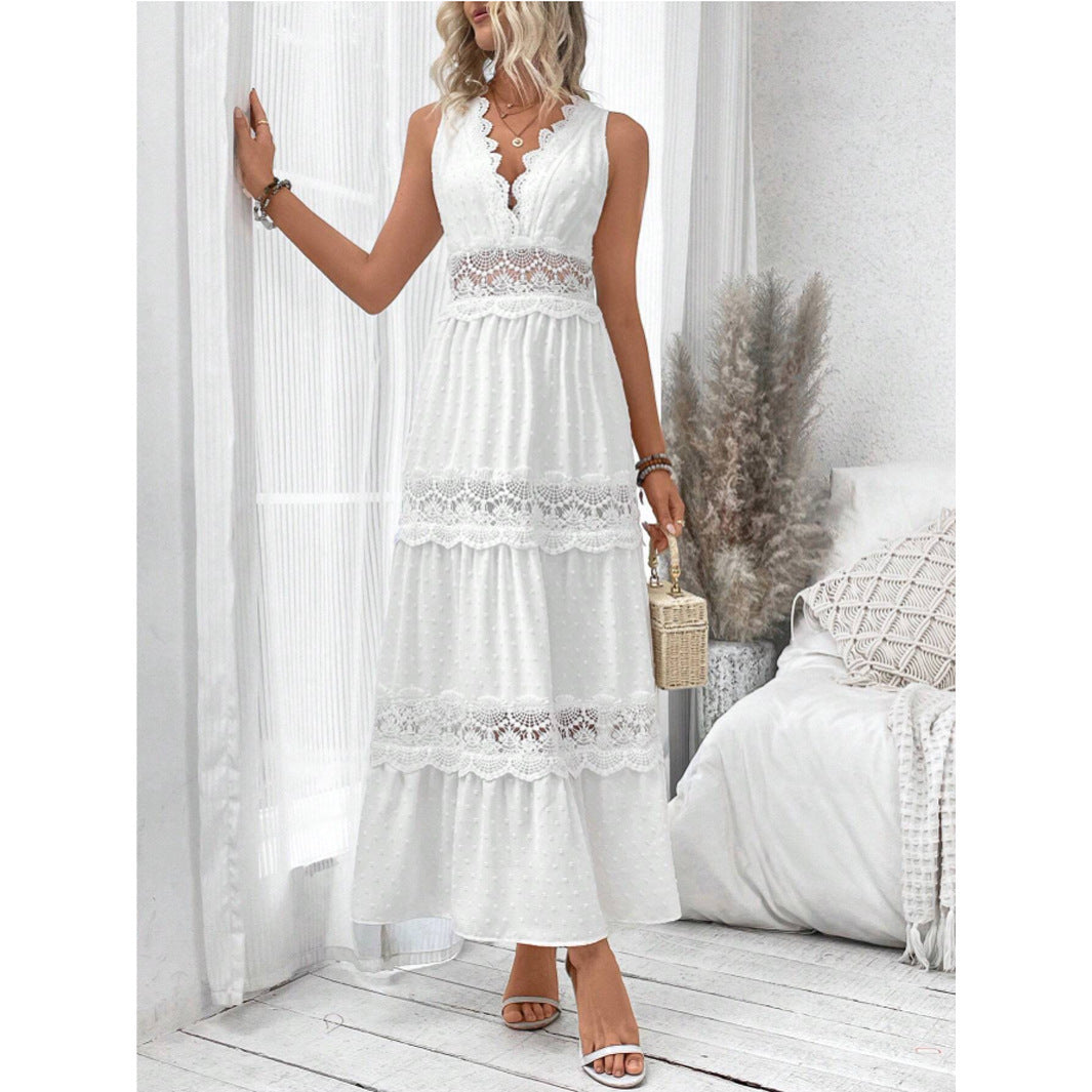 Robe femme en dentelle sans manches avec encolure en V