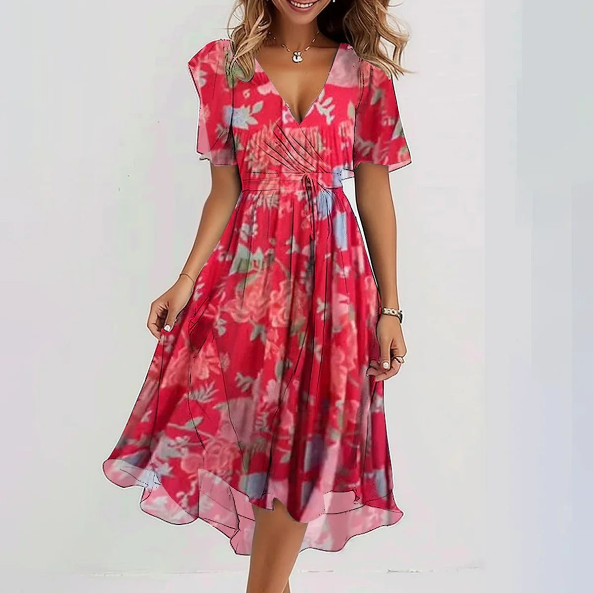 Robe d'été en mousseline imprimée – Encolure V & manches courtes
