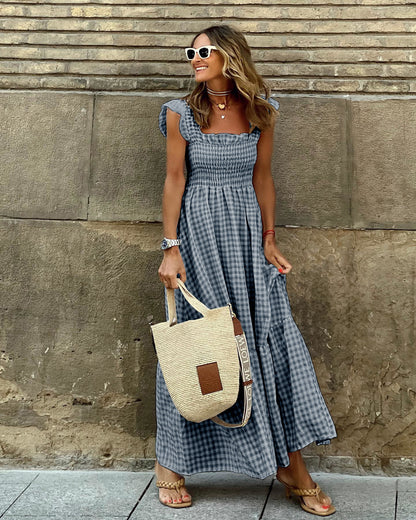 Robe d'été plissée à imprimé vichy – Style A-line sans manches pour plage