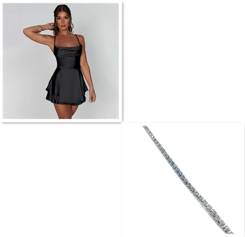 Robe courte sexy à bretelles en satin - Dos nu avec laçage, coupe A élégante pour femme