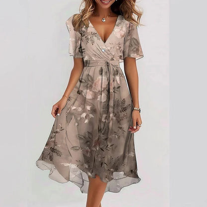 Robe d'été en mousseline imprimée – Encolure V & manches courtes