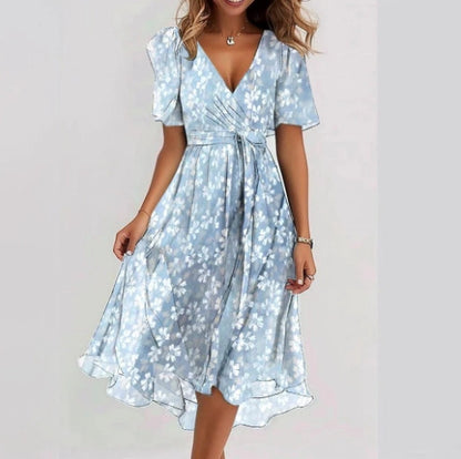 Robe d'été en mousseline imprimée – Encolure V & manches courtes
