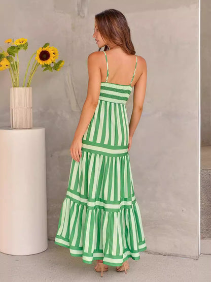 Robe longue à bretelles imprimée rayures - Encolure carrée et dos nu avec poches
