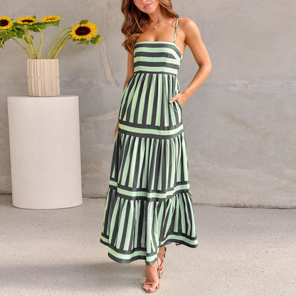 Robe longue à bretelles imprimée rayures - Encolure carrée et dos nu avec poches