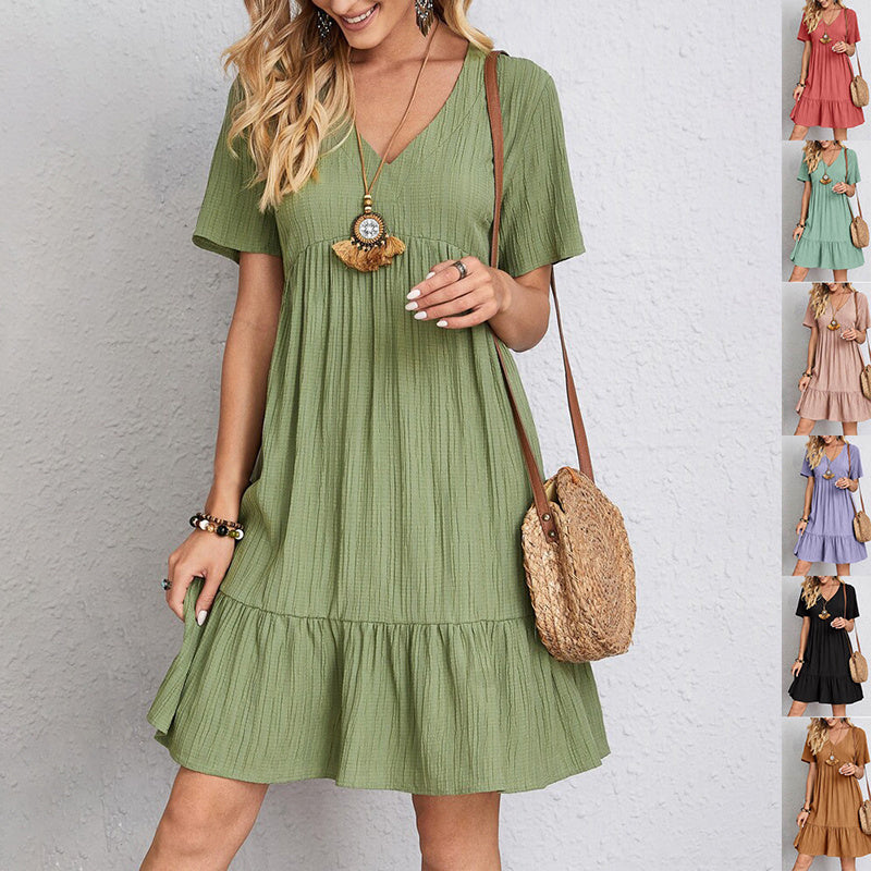 Robe légère à encolure V, manches courtes et volants