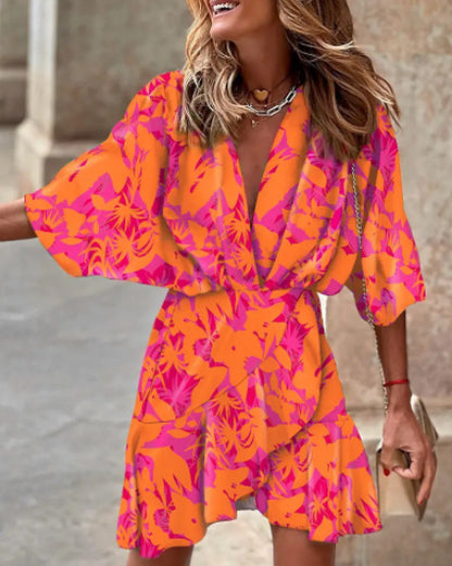 Robe Femme Encolure V Manches Ourlet Irrégulier