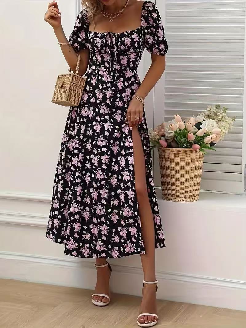 Robe d'été fleurie à lacets et fente - Élégance plage