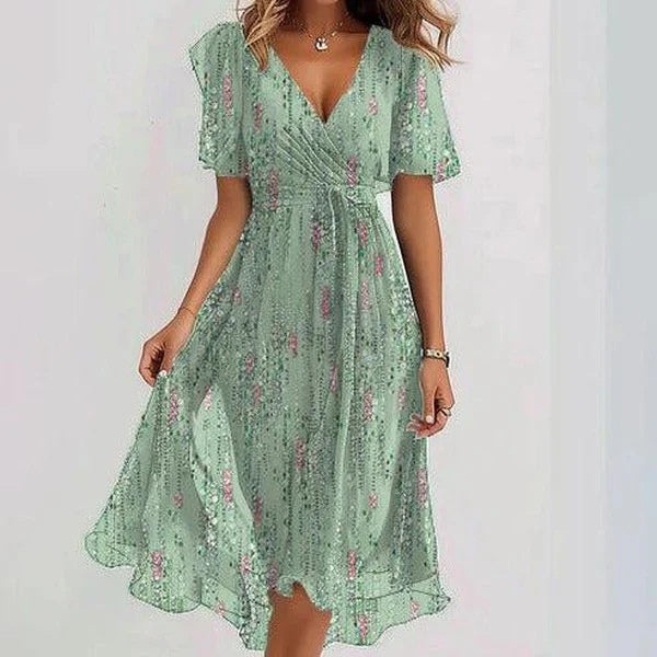 Robe d'été en mousseline imprimée – Encolure V & manches courtes
