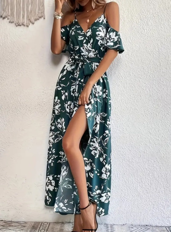 Robe longue d'été à imprimé floral - Bretelles et détail lacé