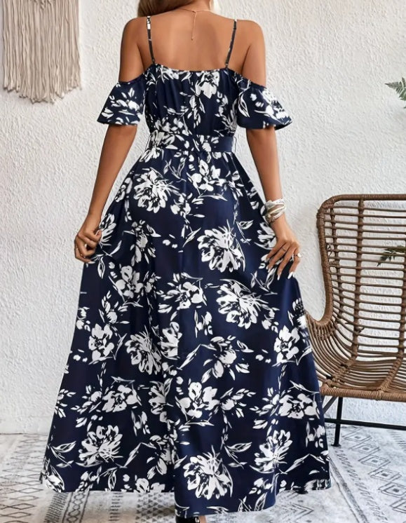 Robe longue d'été à imprimé floral - Bretelles et détail lacé
