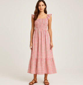Robe d'été plissée à imprimé vichy – Style A-line sans manches pour plage