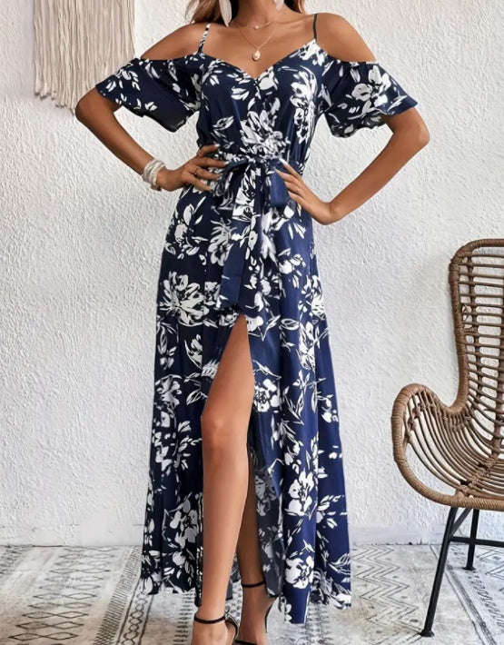 Robe longue d'été à imprimé floral - Bretelles et détail lacé